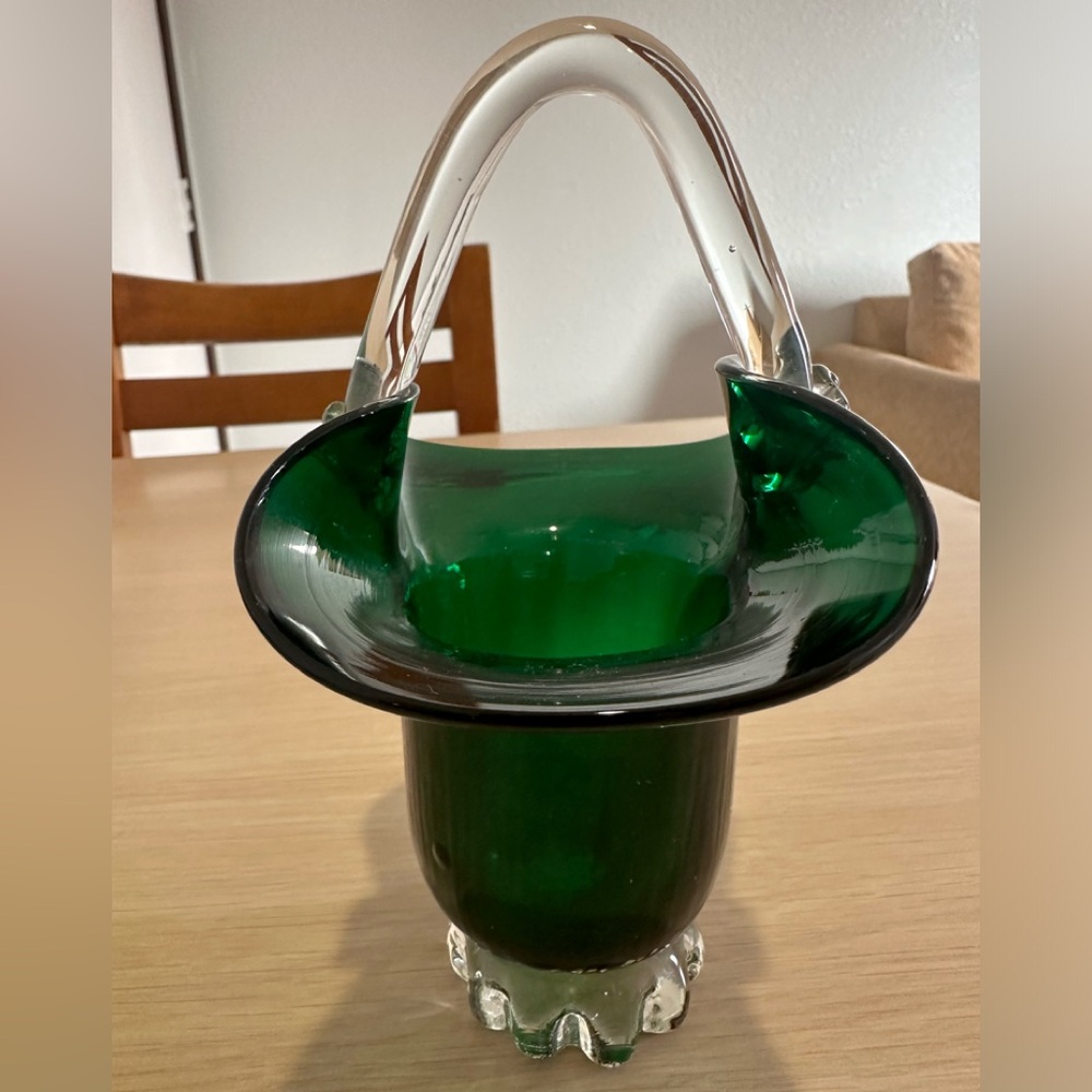 Art Glass basket Emerald green